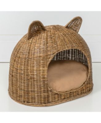 Cat Ear 20" x 14.5" Coastal Handwoven Rattan Pet Bed with Machine-Washable Cushion