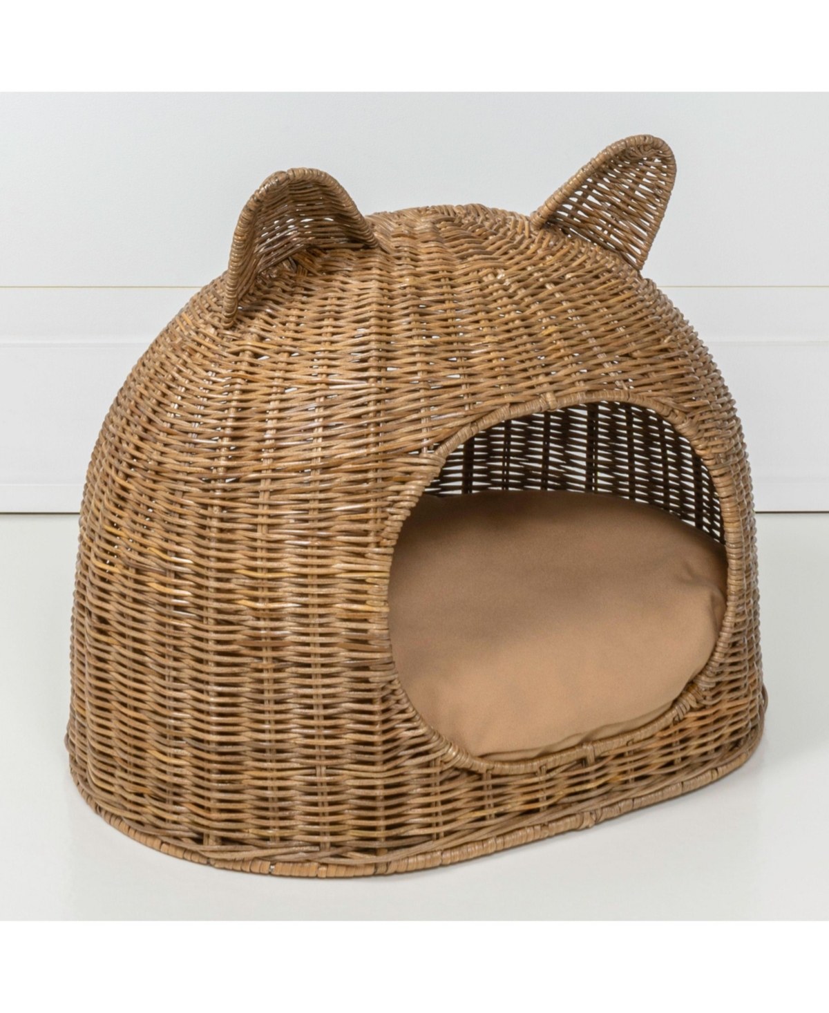 The Licker Store Cat Ear 20" x 14.5" Coastal Handwoven Rattan Pet Bed with Machine-Washable Cushion
