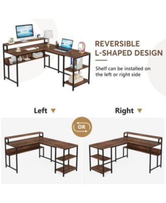 Reversible Corner Computer Desk with Storage Shelves,59 Inch L Shaped Desk with Monitor Stand,Study Writing Table Workstation for Home Office, Rustic Brown
