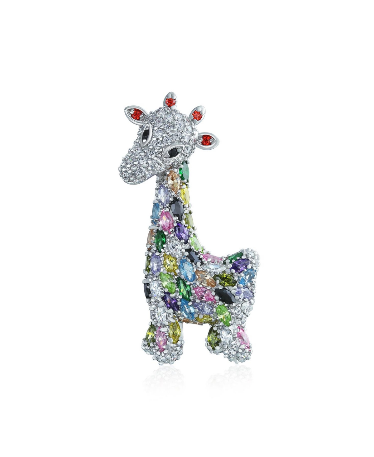 Giraffe Zoo Animal Brooch Pin Cz Colorful Pave Cubic Zirconia Silver Tone Rhodium Plated - Multi-color