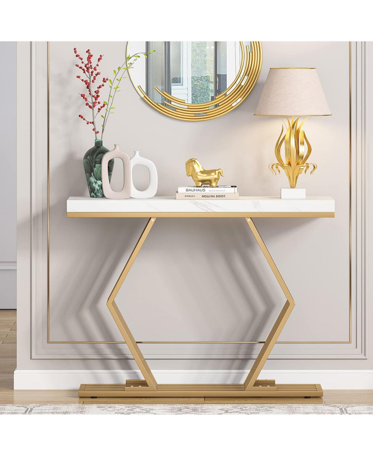 Tribesigns inches Modern Gold Console Table with Geometric Metal Base, White Faux Marble Narrow Entryway Table Foyer Table - White and gold