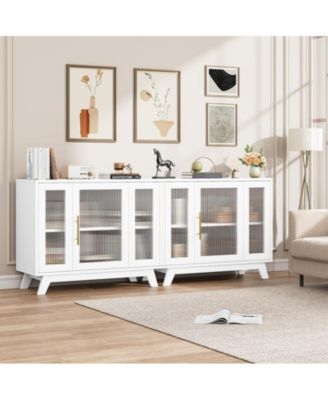 Buffet Storage Cabinet with Fluted Glass Door, 36" Modern Sideboard Cabinet with 2-Tier Storage, White Accent Cabinet for Kitchen Dining Living Room, White Top