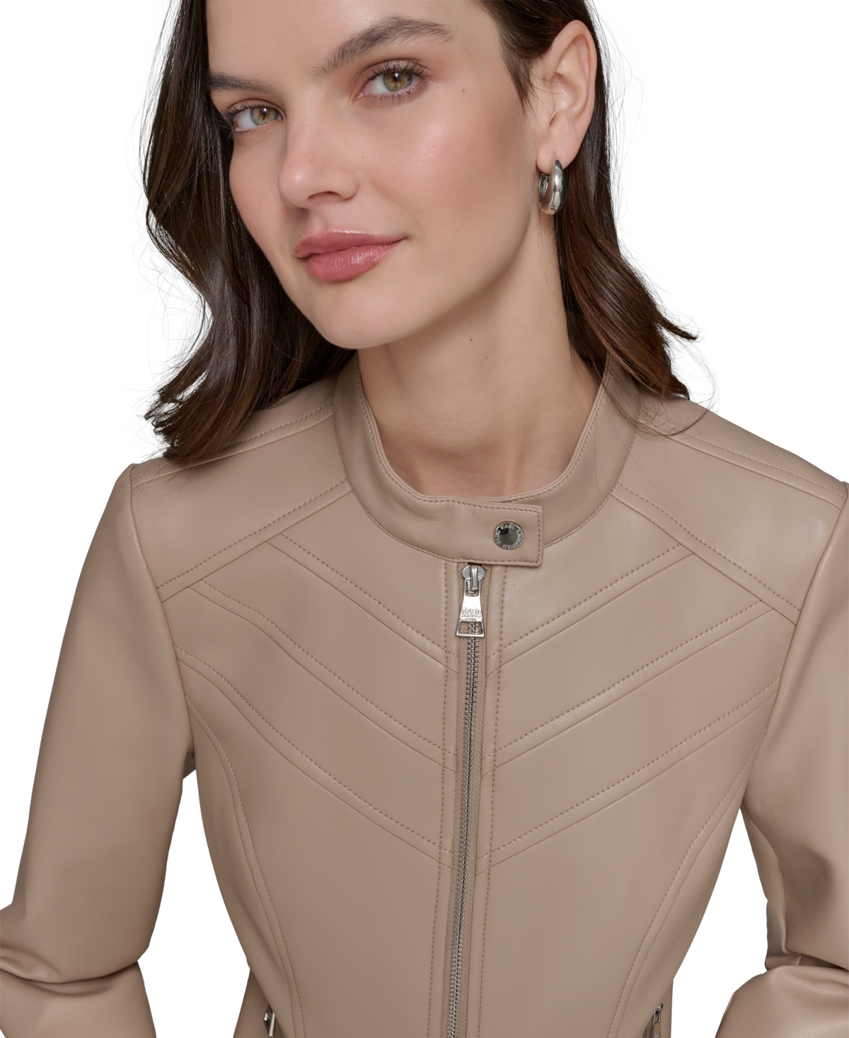 Karl Lagerfeld Women's Fitted Mock-neck Faux-leather Jacket In Latte