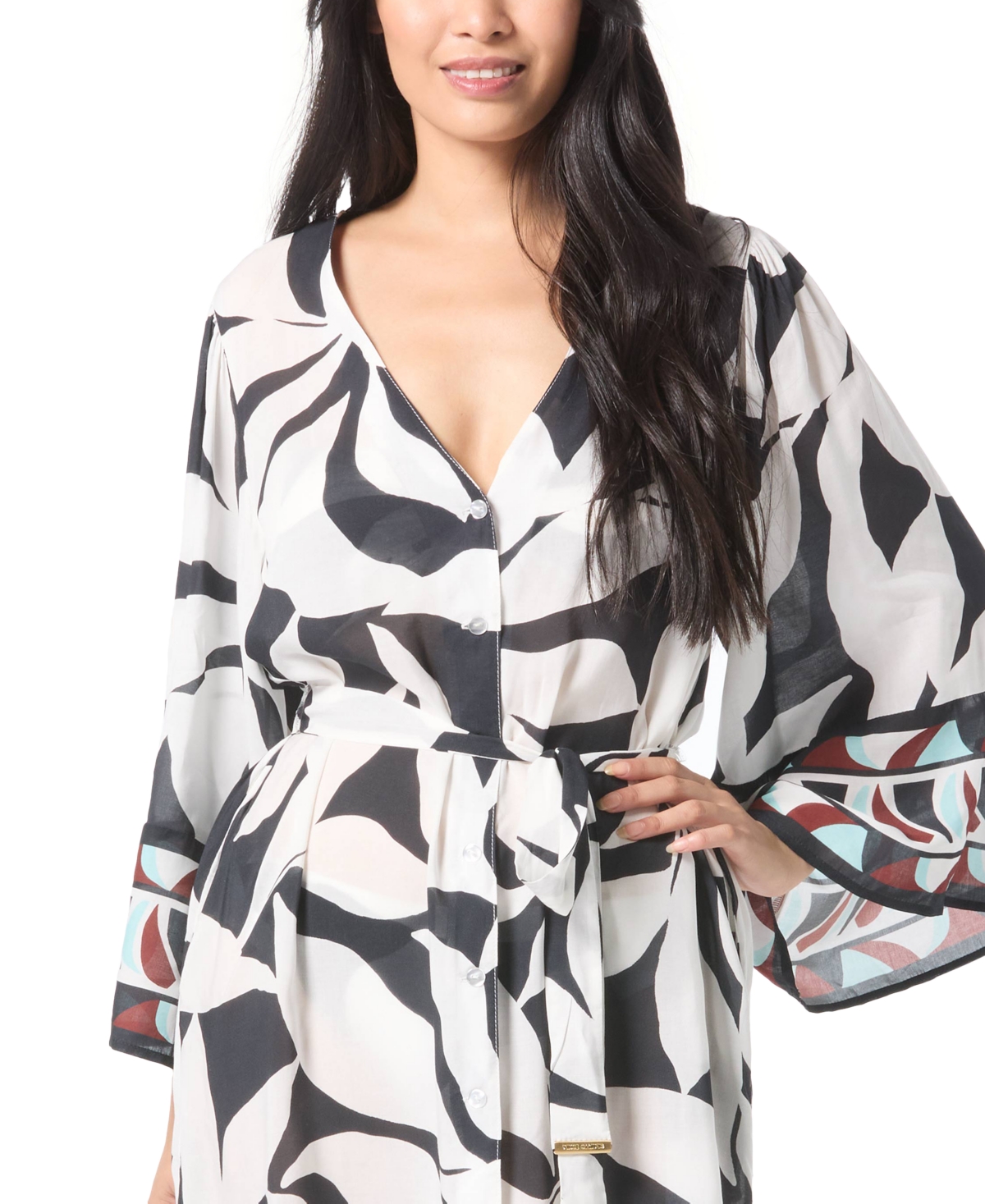 Vince Camuto Women's Printed Front-tie Robe Swim Cover-up In Black,white