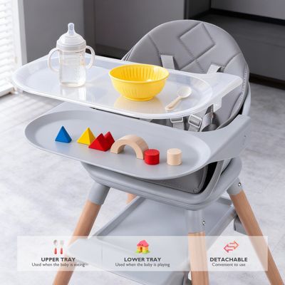 Kids Convertible Wooden HighChair with Adjustable Legs & Removable Double Tray