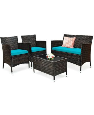 4 Pieces Patio Rattan Sofa Set with Chairs and Glass Coffee Table