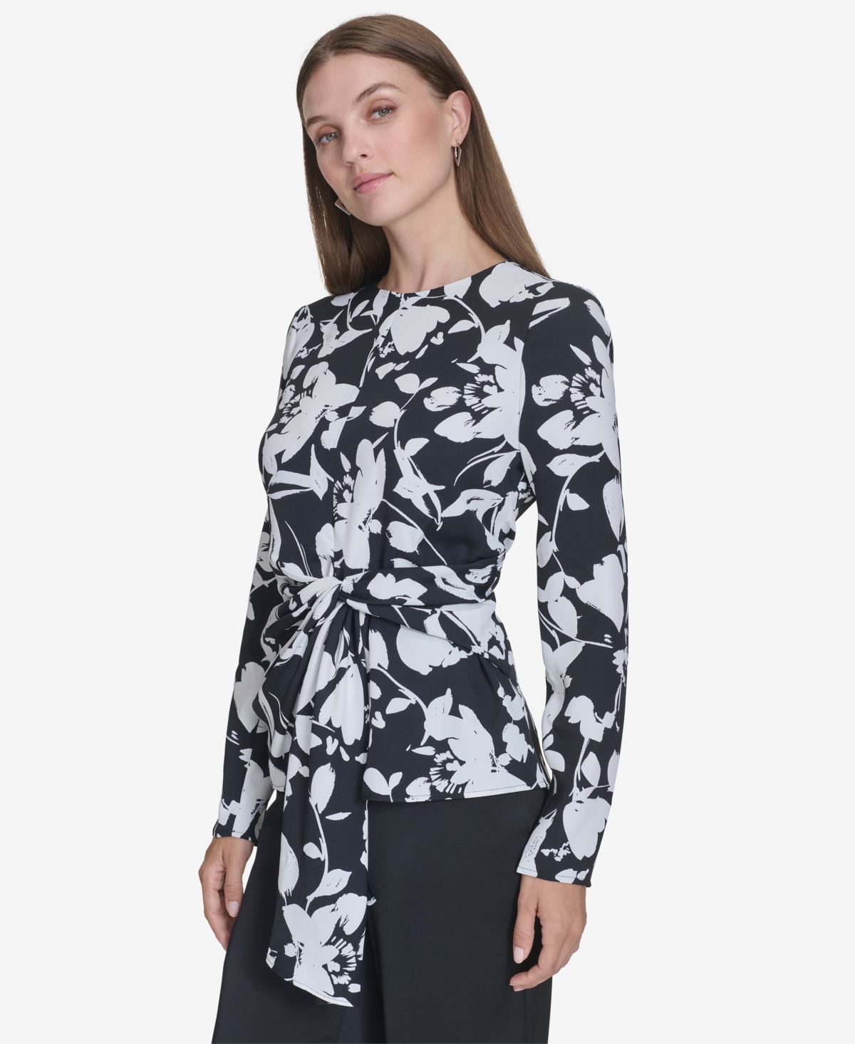 Halston Women's Printed Twist-Front Long-Sleeve Blouse -cream