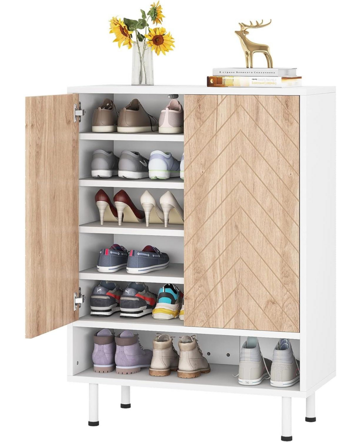 Tribesigns 6-Tier Shoe Cabinet, 18 Pair Rack Organizer Cabinet with Door and Shelves for Entryway Hallway Closet - White and beige