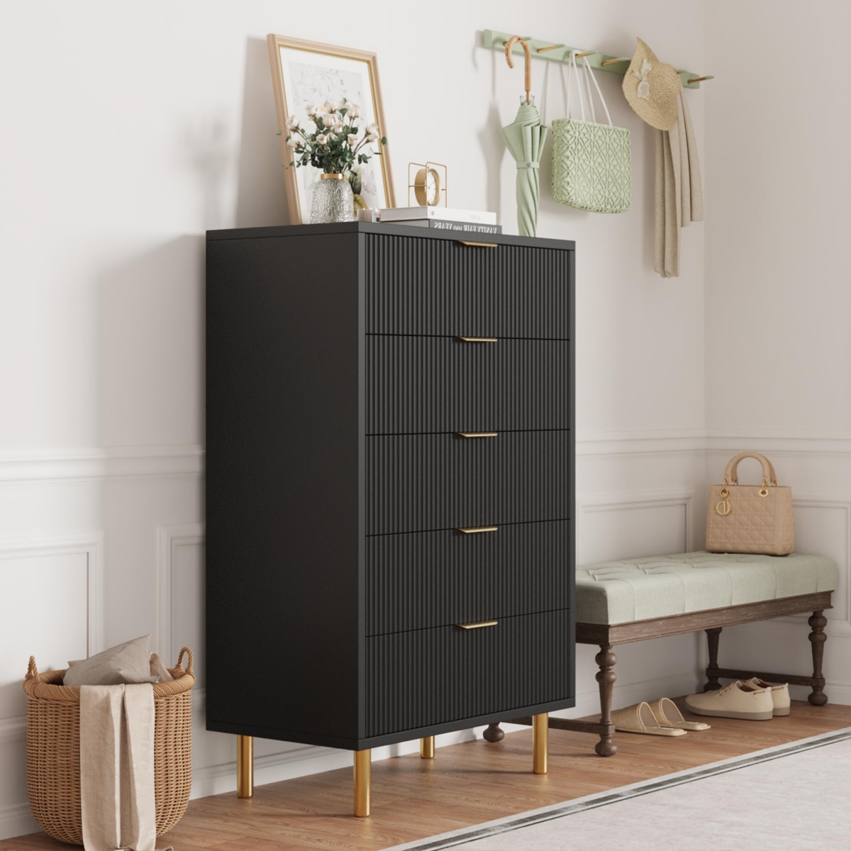 gaomon Black Dresser, Modern 5 Drawer Dresser for Bedroom with Gold Handle and Large Drawer
