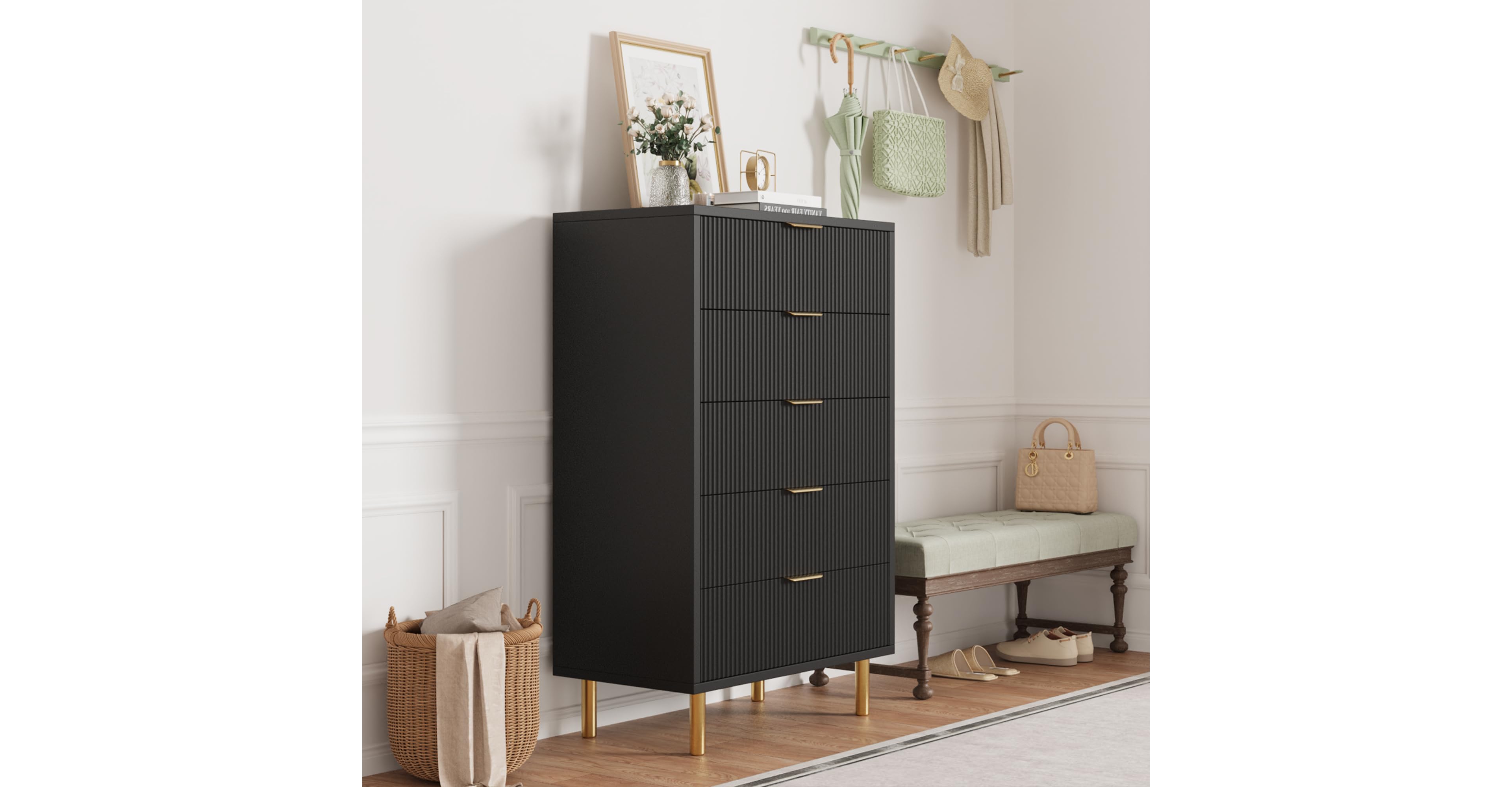 gaomon Black Dresser, Modern 5 Drawer Dresser for Bedroom with Gold Handle and Large Drawer