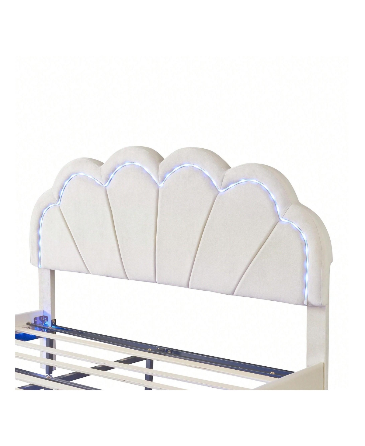 gaomon Queen Upholstered Bed Frame, Queen Platform Bed With Led Lights, Metal Legs, Flowers Headboard, Remote Control