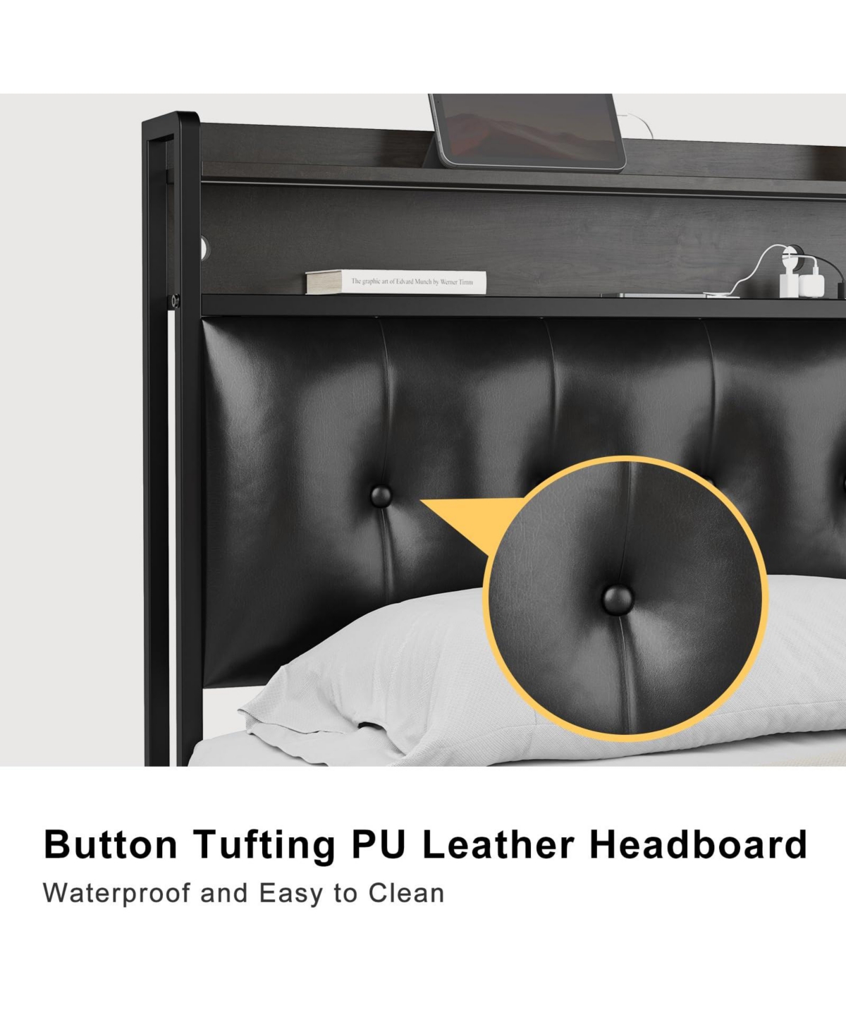 Hausource Size Bed Frame with Storage Headboard & Charging Station Platform Bed No Box Spring Needed