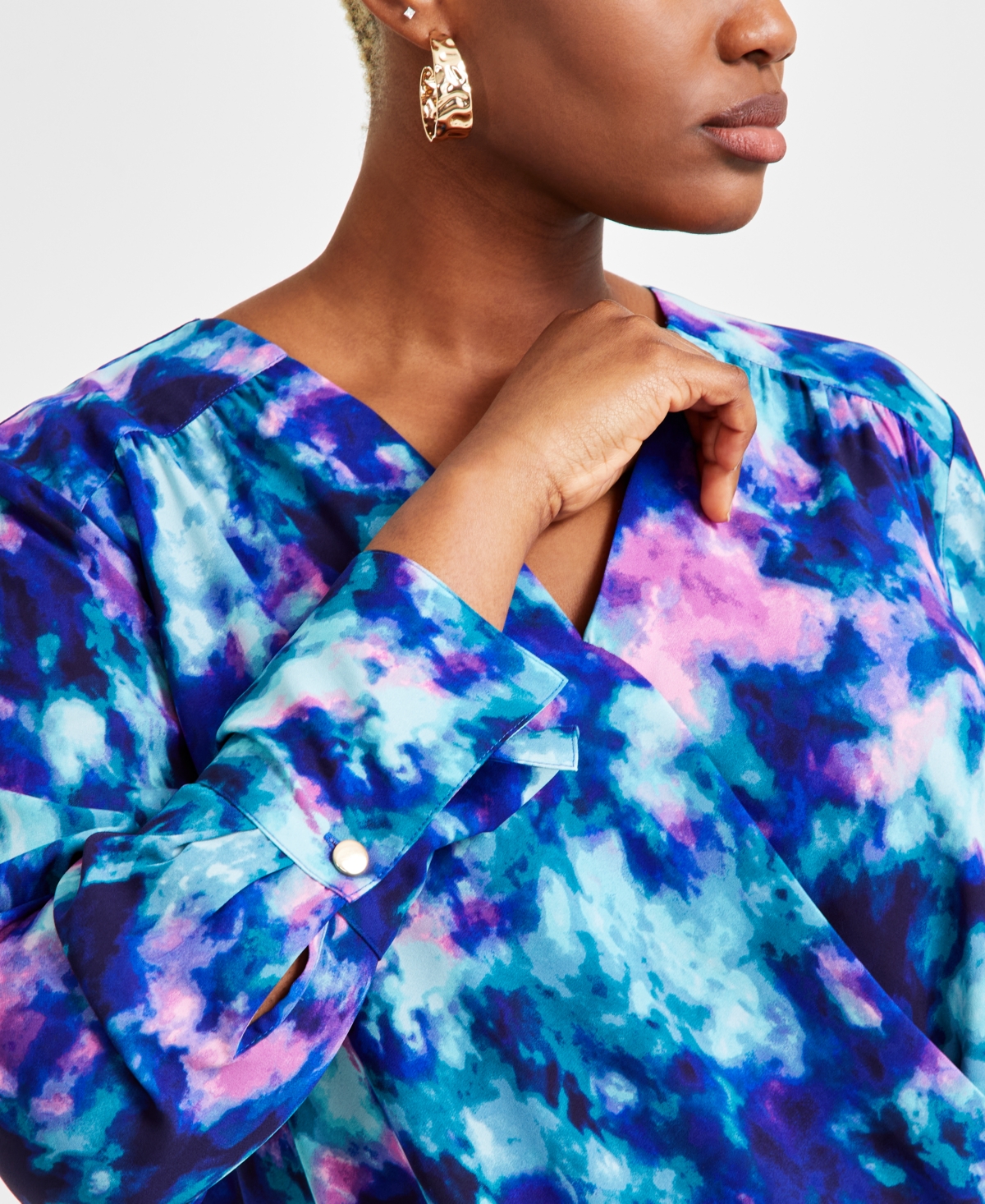 Inc International Concepts Plus Size Printed Long-sleeve Top, Exclusively At Macy's In Delia Dye