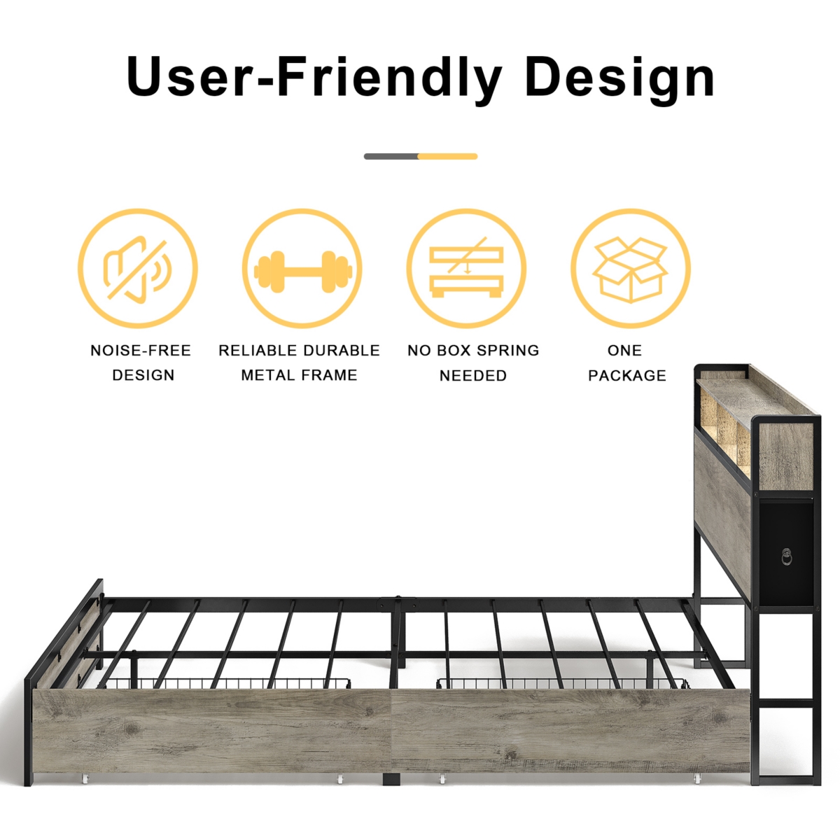 Hausource Size Bed Frame with Storage Headboard & 6 Drawers Platform Bed No Box Spring Needed