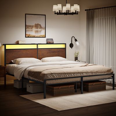 King/Twin Size Bed Frame with Storage Headboard & Charging Station No Box Spring Needed, King