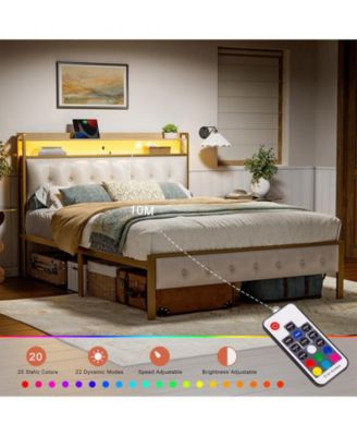Queen Size Bed Frame with Storage Headboard & USB Ports & Outlets No Box Spring Needed