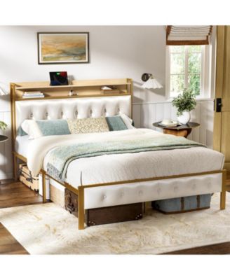 Queen Size Bed Frame with Storage Headboard & USB Ports & Outlets No Box Spring Needed