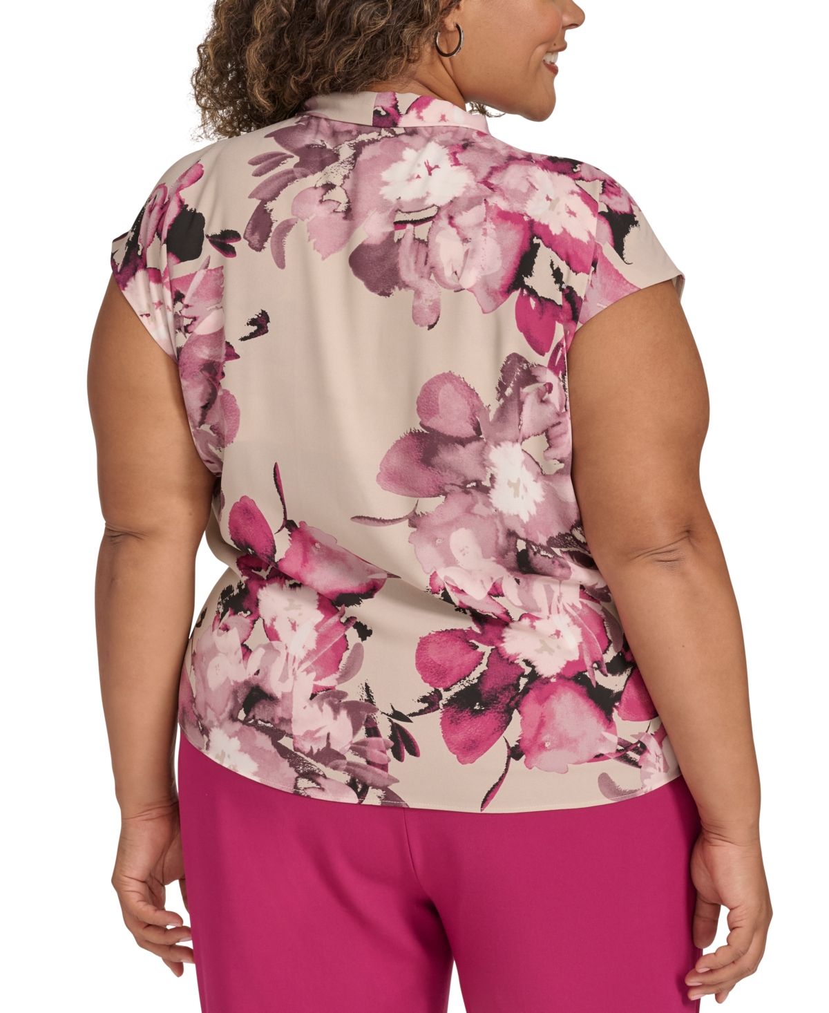 CALVIN KLEIN PLUS SIZE PRINTED CAP-SLEEVE FAUX-WRAP TOP 