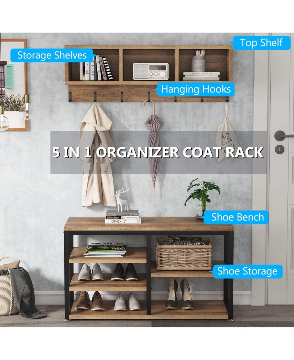 Tribesigns Coat Rack Set and Industrial Shoe Bench, 3 Storage Cubbies, 7 Hooks for Entryway, Hallway, 5-in-1Design