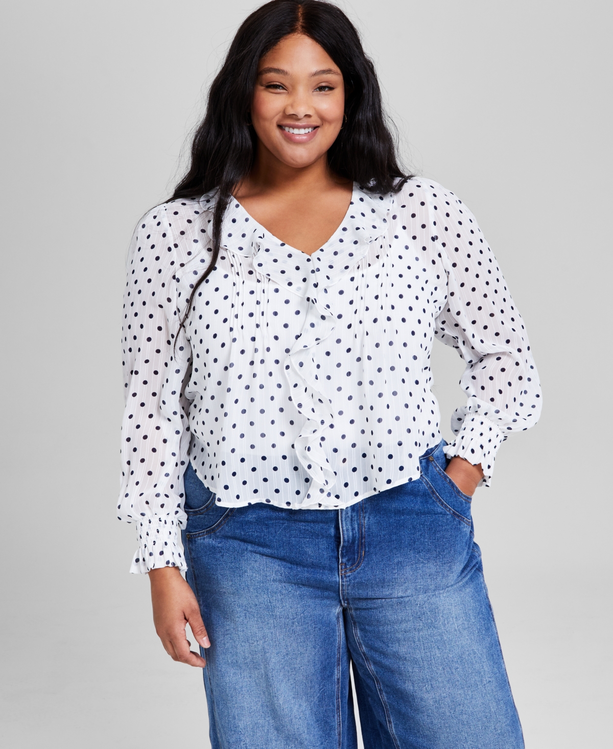 And Now This Plus Size Dot-print Ruffled-front Woven Pintuck Top, Exclusively At Macy's In Bw Polka Dot