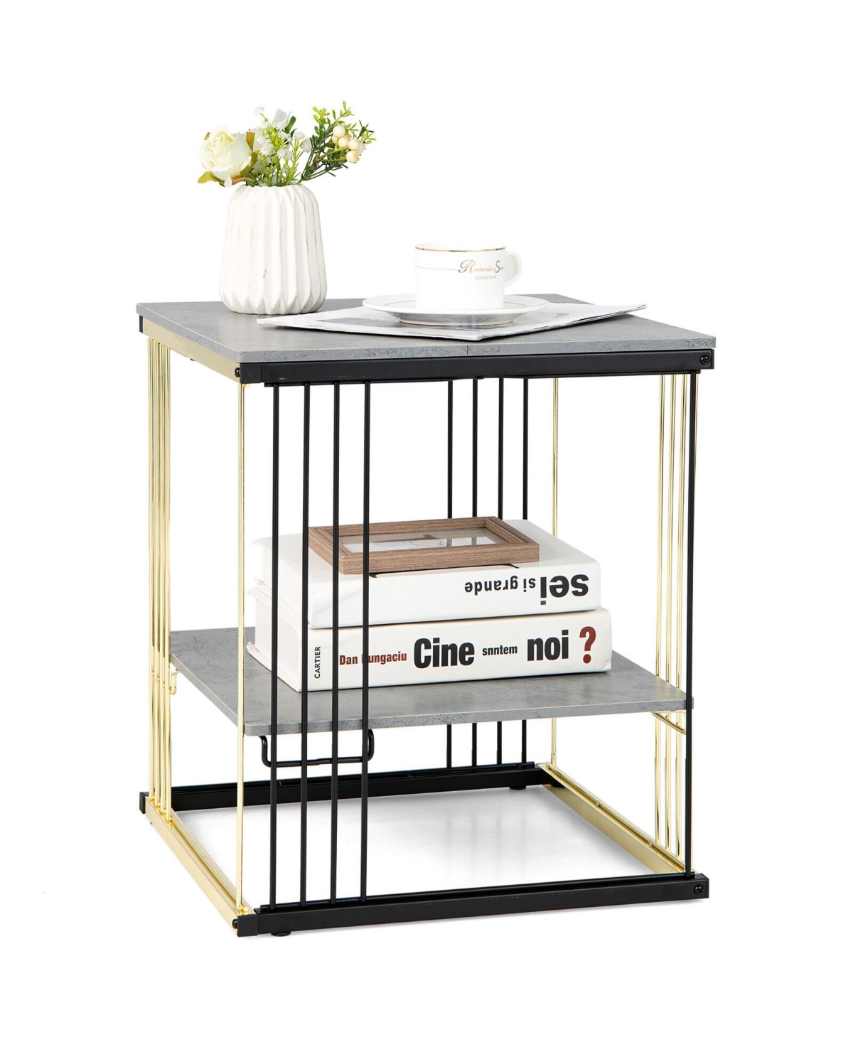 Gymax 2-tier Side End Coffee Table Square Nightstand for Living Room Bedroom - Grey+black+golden