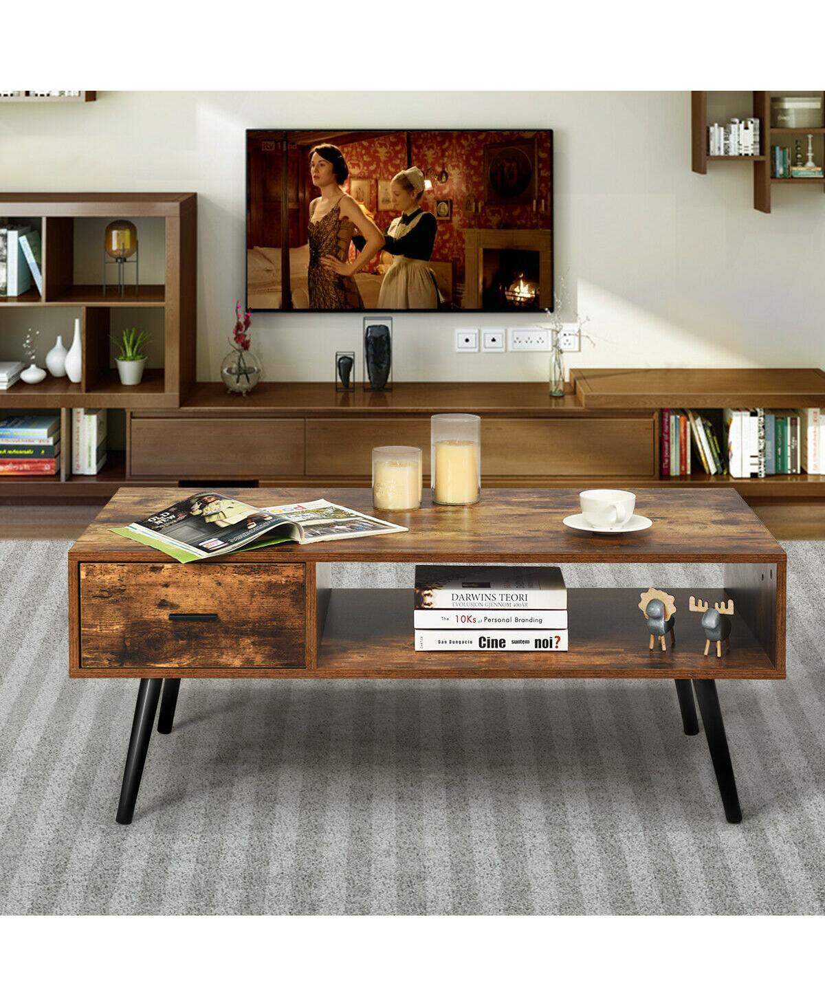 Gymax Retro Coffee Table Mid Century Modern Living Room Furniture w/Open Storage Shelf - Rustic brown+black