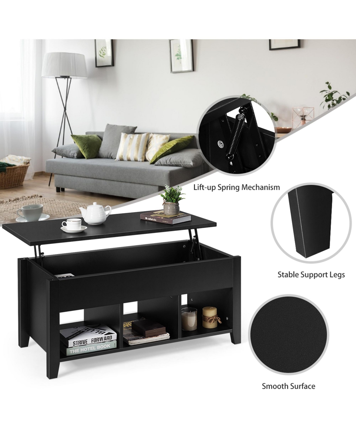 Gymax Lift Top Coffee Table w/ Storage Compartment Shelf Living Room Furniture- Black