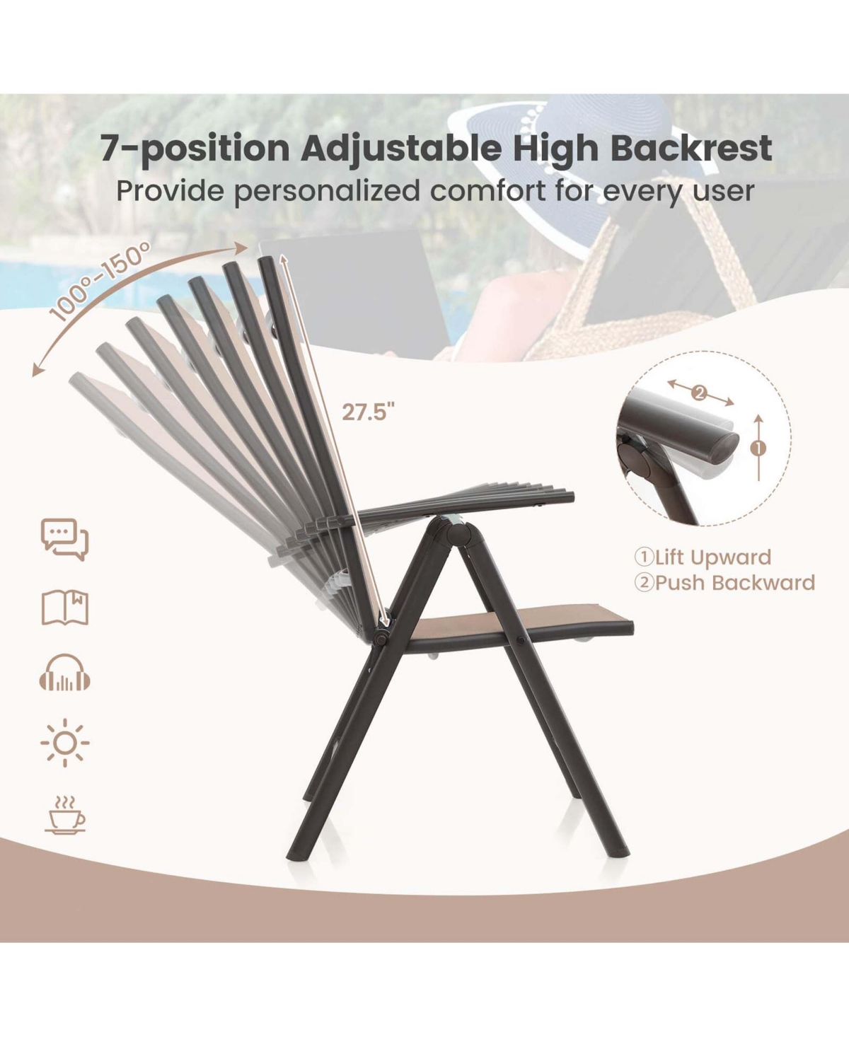 Costway 2 Pcs Patio Folding Dining Chair with 7-Level Adjustable High Backrest for Garden