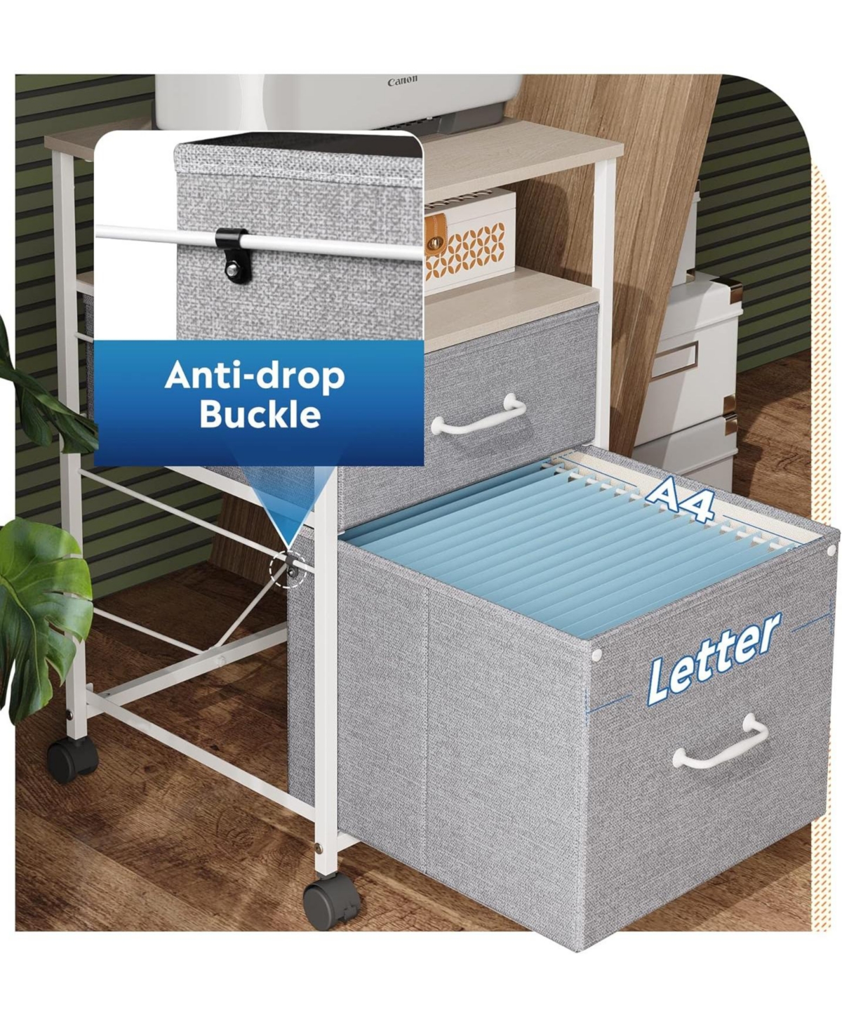 2 Drawer Mobile File Cabinet, Rolling Printer Stand with Open Storage Shelf, Fabric Vertical Filing Cabinet fits A4 or Letter Size for Home Office, Li