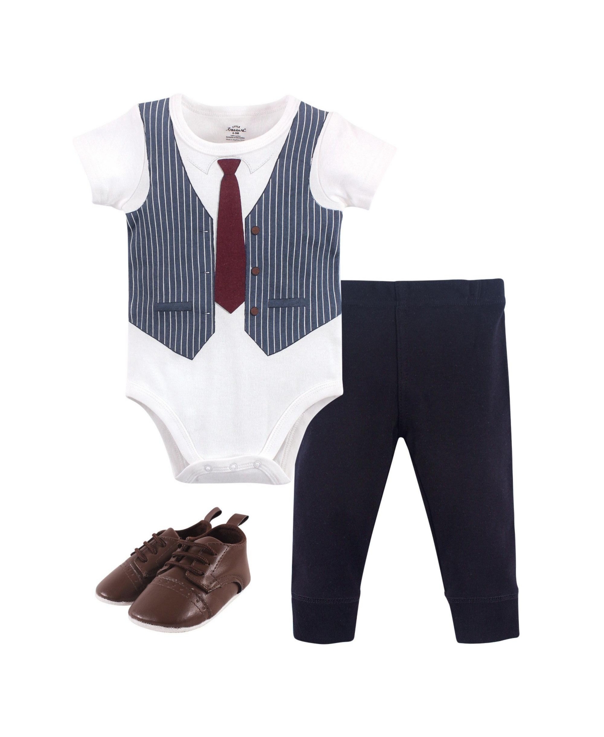 Little Treasure Baby Boys Treasure Baby Cotton Bodysuit, Pant and Shoe 3pc Set,- Navy burgundy vest