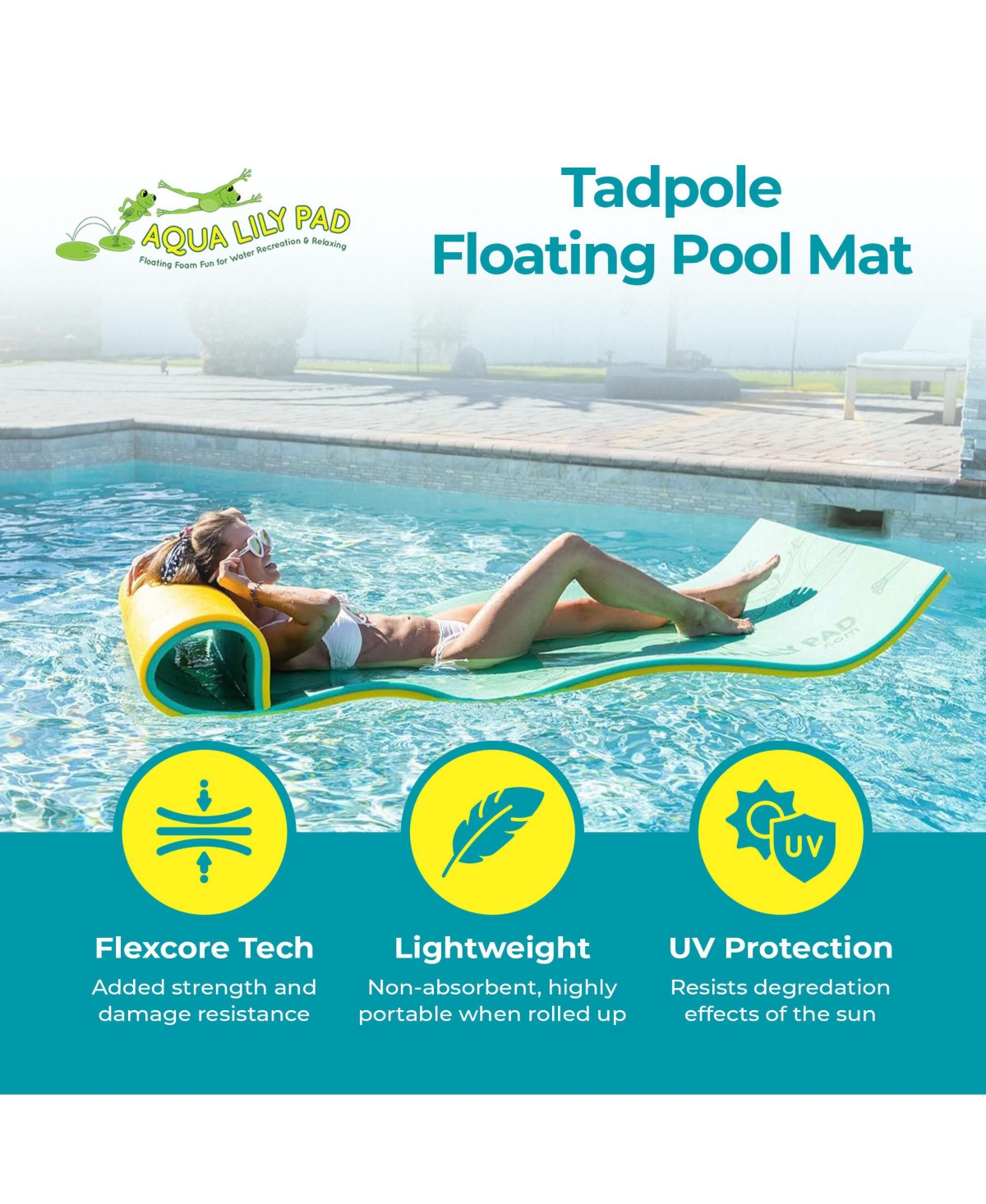 Aqua Lily Pad Tadpole Single Adult Floating Foam Pool Lounger Mat,Yellow -yellow