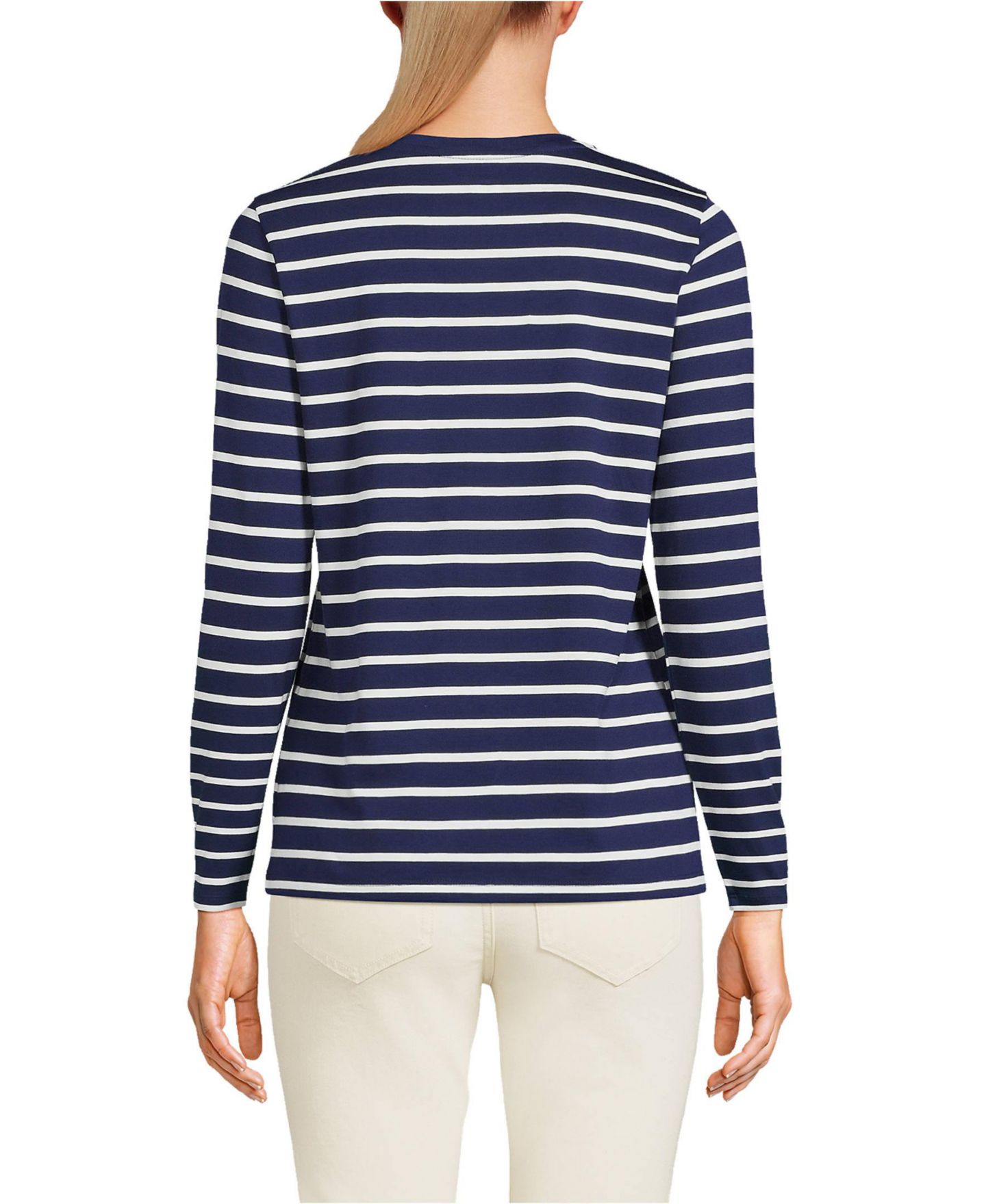 Женская футболка Lands' End Relaxed Supima Cotton Long Sleeve V-Neck, цвет: Морской тёмно-синий полосатый — фото 2