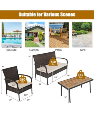 4 Pieces Patio Cushioned Wicker Conversation Set with Acacia Wood Tabletop