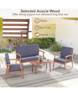 4 Piece Outdoor Acacia Wood Conversation Set with Soft Seat and Back Cushions-Gray