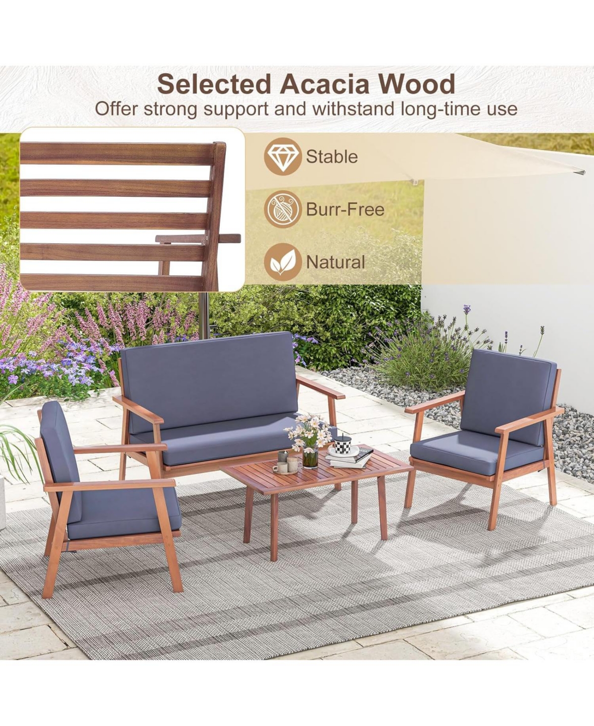 4 Piece Outdoor Acacia Wood Conversation Set with Soft Seat and Back Cushions-Gray