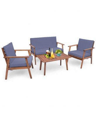 4 Piece Outdoor Acacia Wood Conversation Set with Soft Seat and Back Cushions-Gray