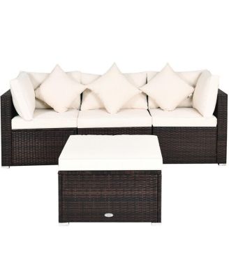 4 Pcs Ottoman Garden Deck Patio Rattan Wicker Furniture Set Cushioned Sofa-White