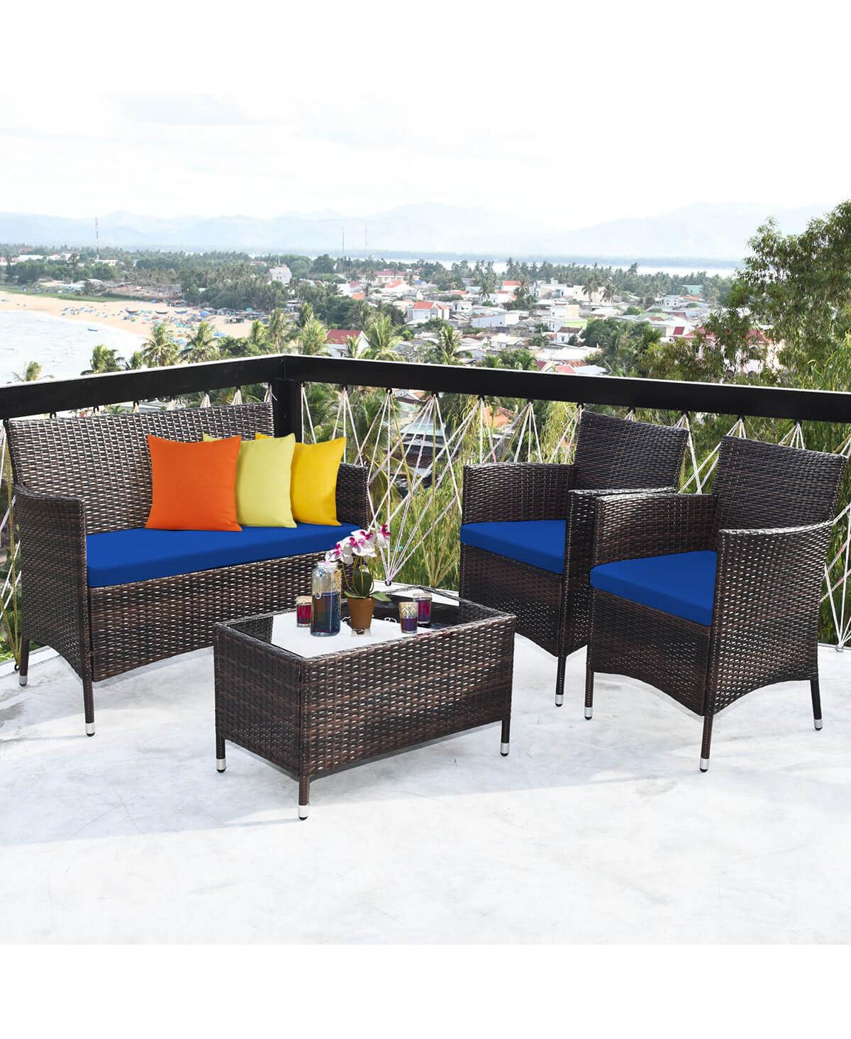 Sugift 4 Pieces Rattan Sofa Set with Glass Table and Comfortable Wicker for Outdoor Patio-Navy