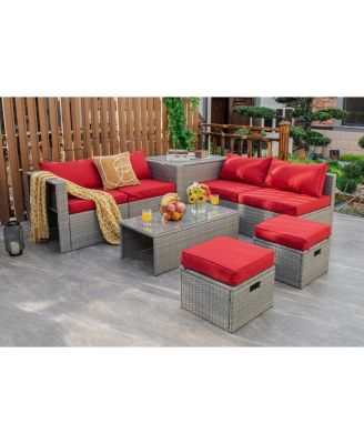 8 Pieces Patio Rattan Furniture Set with Storage Waterproof Cover and Cushion-Red