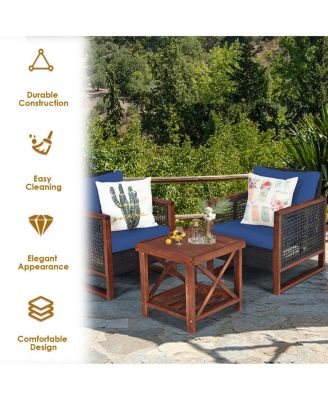 3 Pieces Patio Wicker Furniture Set with Acacia Wood Coffee Table and Washable Cushion-Navy