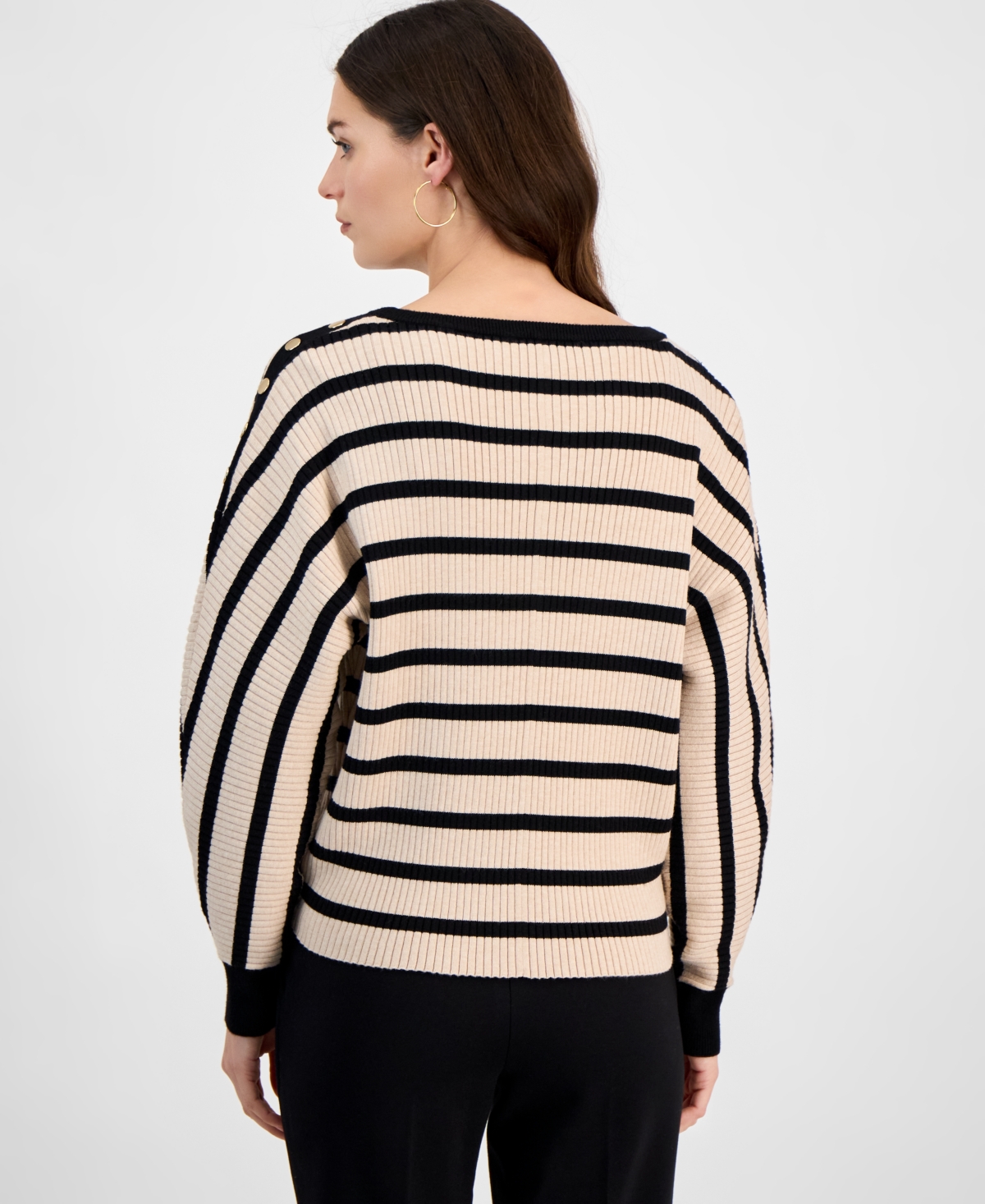 T Tahari Women's Striped Dolman Button-sleeve Sweater In Black,soft Tan