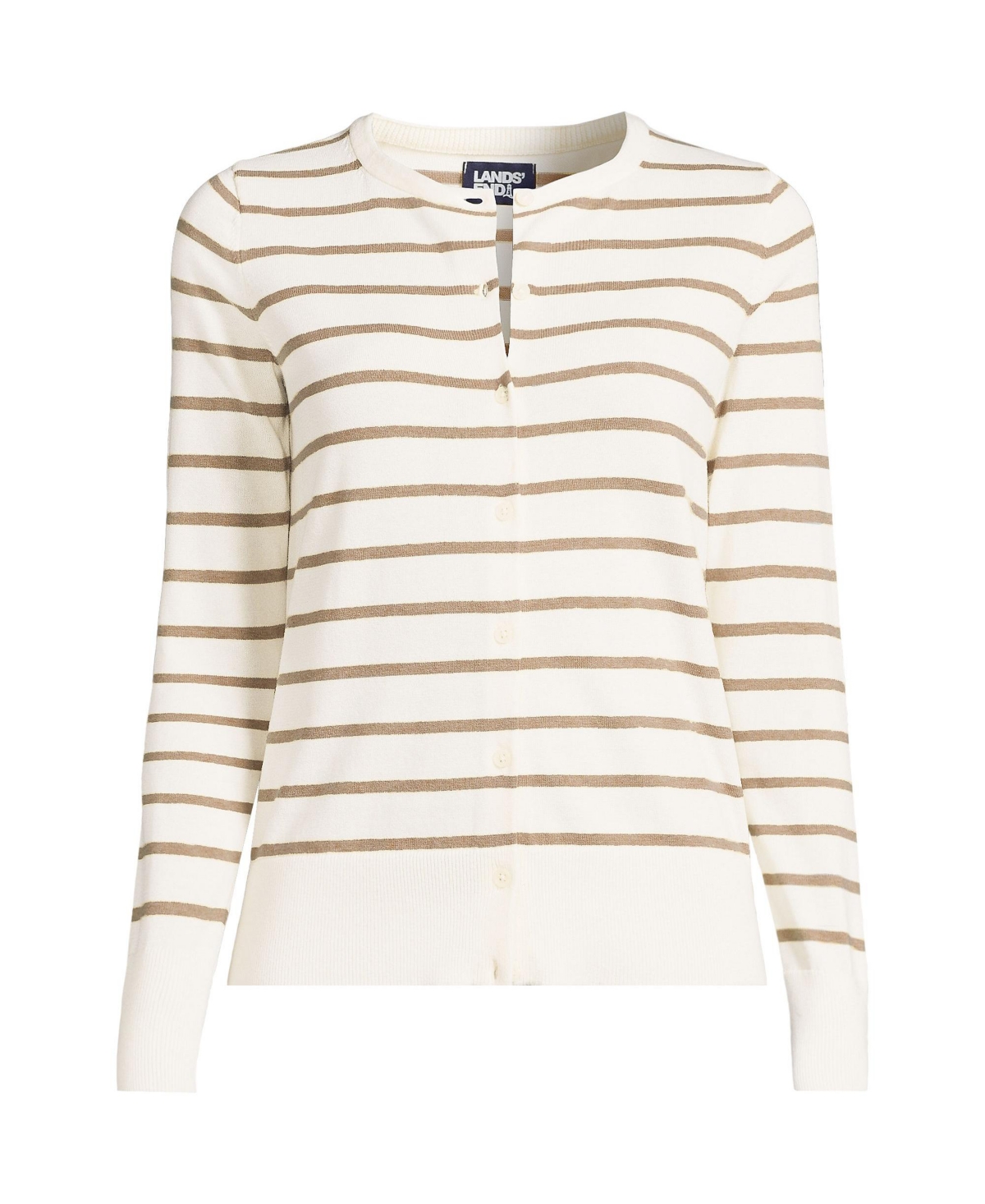 Lands' End Women's Fine Gauge Cotton Cardigan Sweater -pecan wide stripe