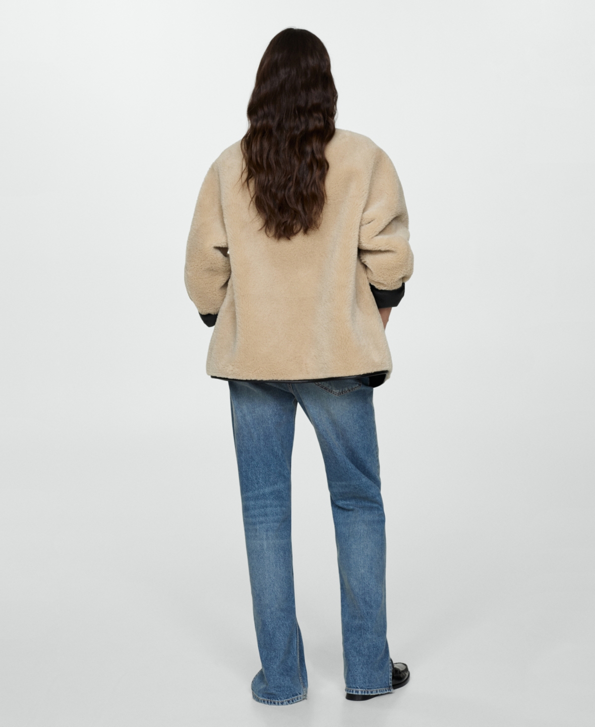 Mango Contrast Faux Leather Trim Faux Fur Toggle Coat In Ecru