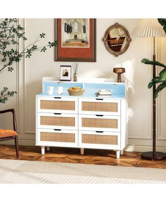 43.31 Inch Storage Cabinet 6 Drawer Dresser For Bedroom, Modern Wood Chest Of Drawers With LED Light Strip, 2 AC Sockets, 2 USB Ports, For Bedroom Hallway Living Room