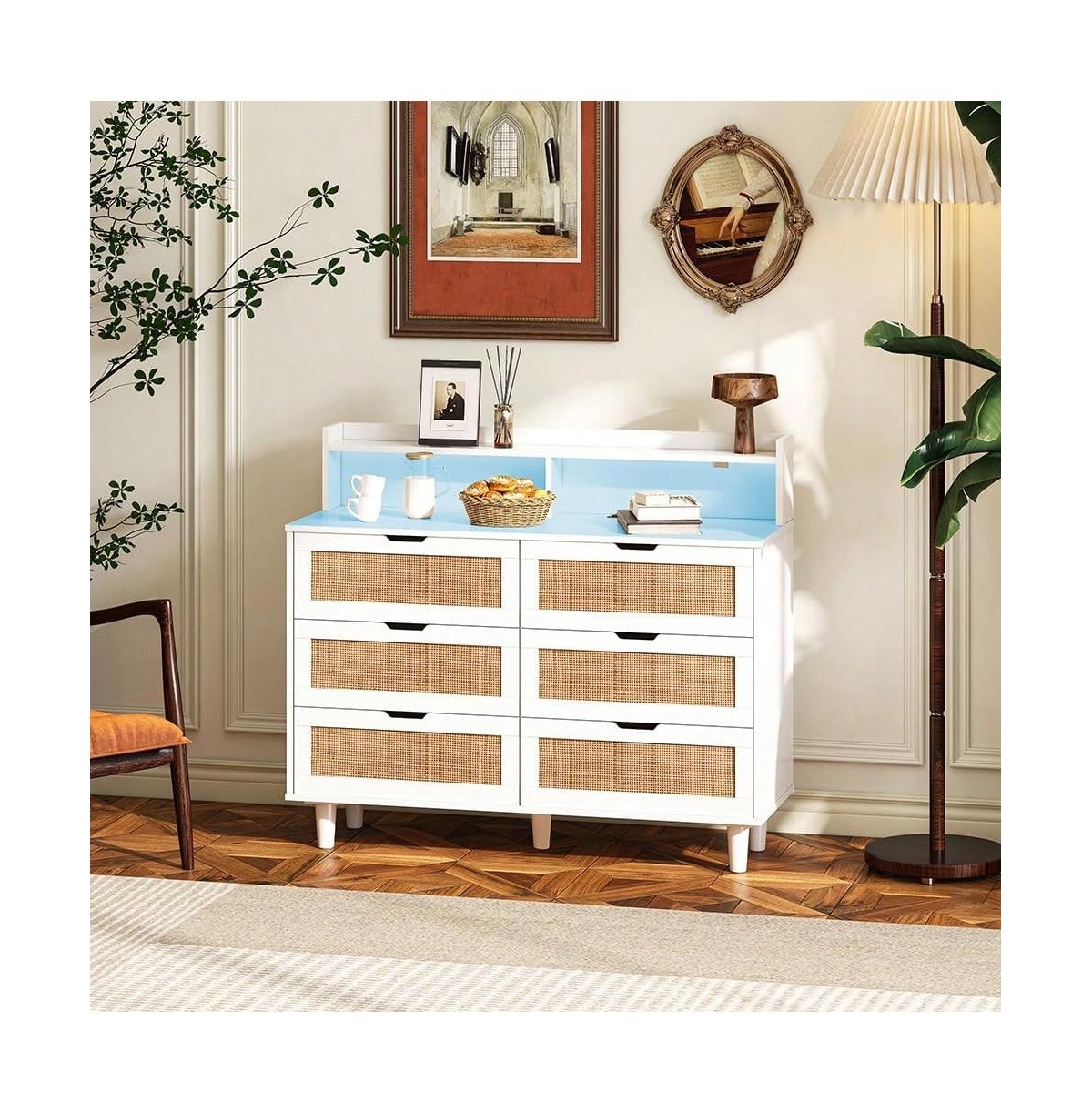 43.31 Inch Storage Cabinet 6 Drawer Dresser For Bedroom, Modern Wood Chest Of Drawers With Led Light Strip, 2 Ac Sockets, 2 Usb Ports, For Bedroom Hal