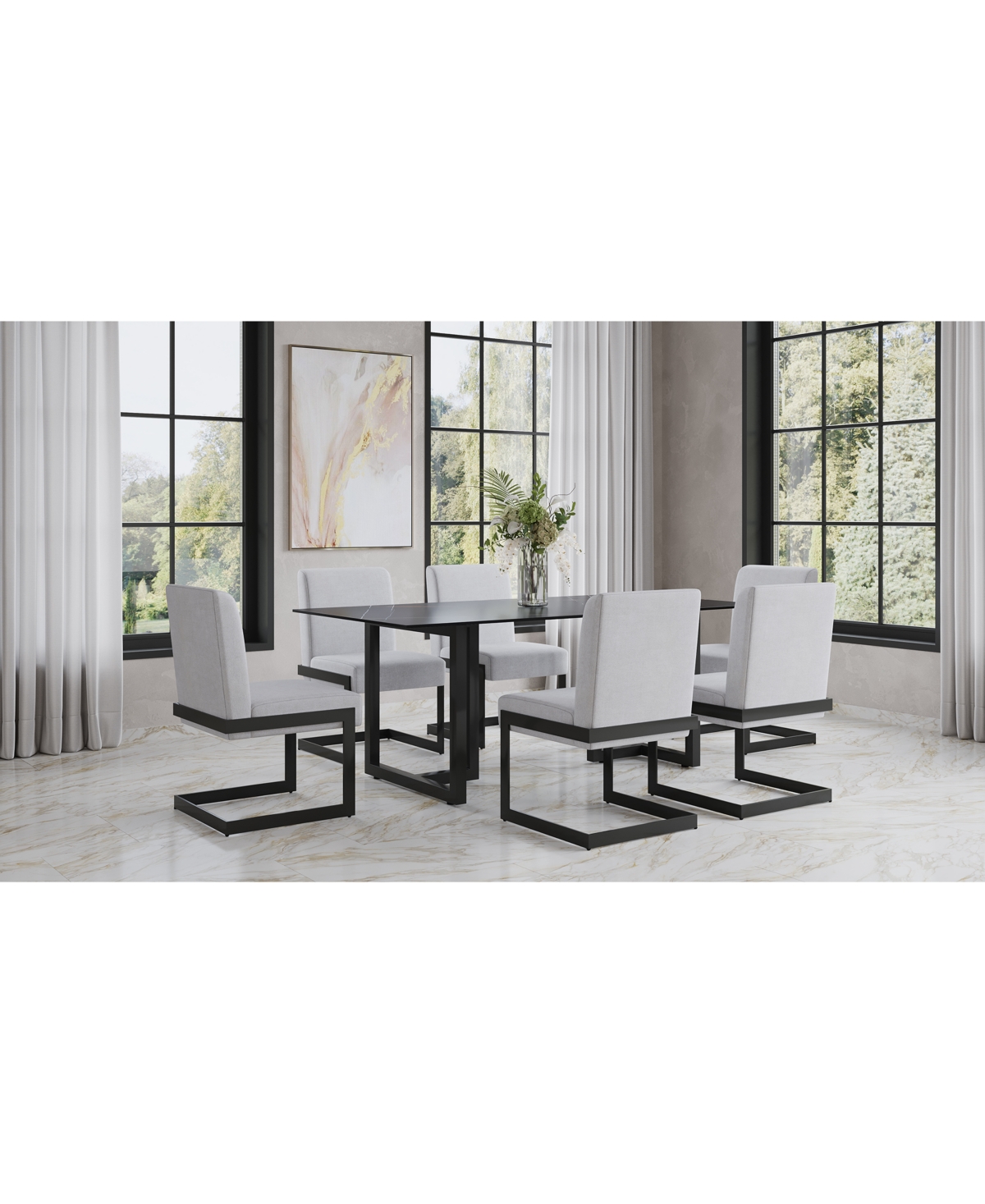 Macy's Emila 7 Pc. Dining Set (rectangular Table & 6 Chairs), Created For  In Black Sintered Stone With Gunmetal Base