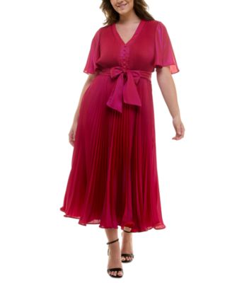 Taylor - Plus Size Pleated Tie-Belt Flutter-Sleeve Maxi Dress