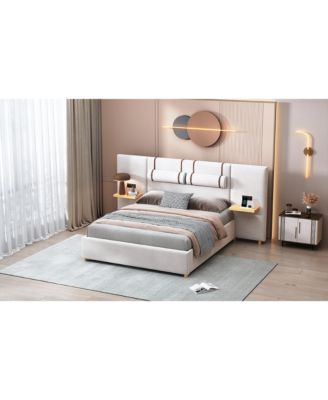 Queen Size Upholstered Platform Bed with Dual Outlets and USB Charging Ports on Each Side