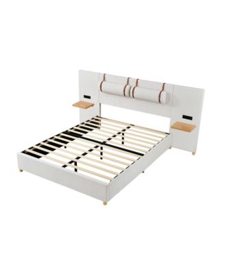 Queen Size Upholstered Platform Bed with Dual Outlets and USB Charging Ports on Each Side