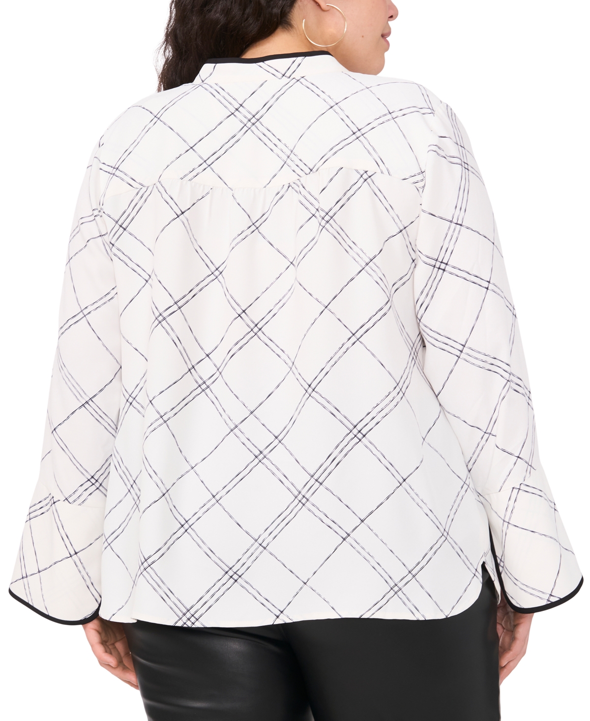 VINCE CAMUTO PLUS SIZE WINDOWPANE-PRINT BELL-SLEEVE TOP 